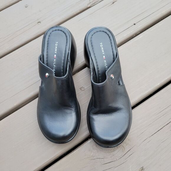 Vintage 90s y2k Tommy Hilfiger Bratz Black Leather Platform Wedge Chunky Mules 6 - Picture 4 of 9